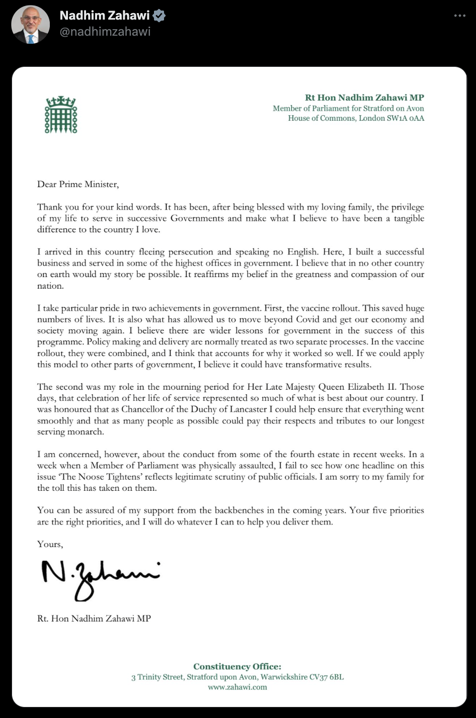 Nadhim Zahawi letter